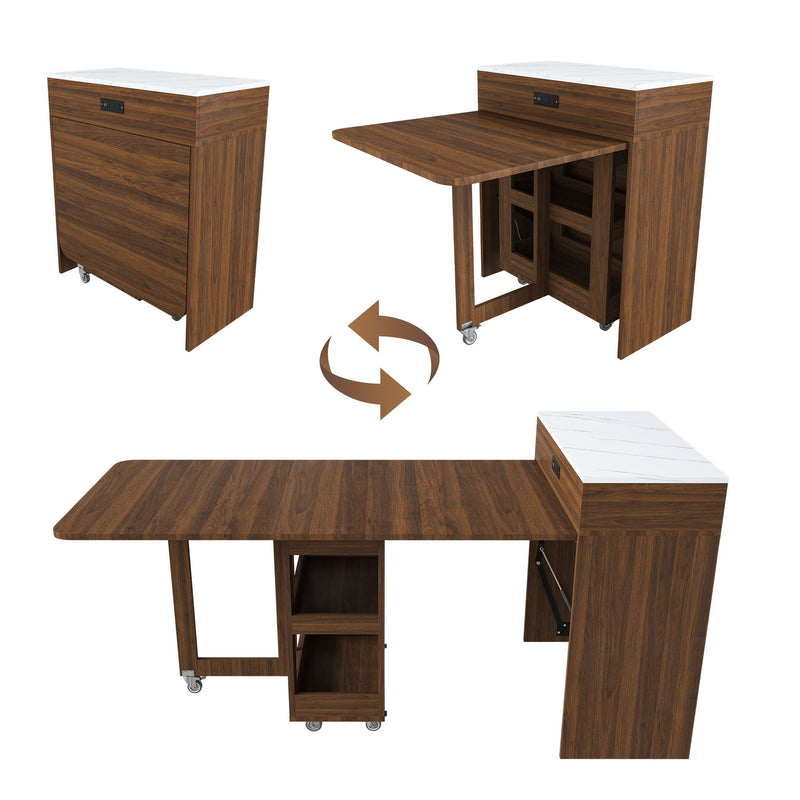 Extendable Dining Table With Power Socket, Lockable Casters, Storage Cabinet