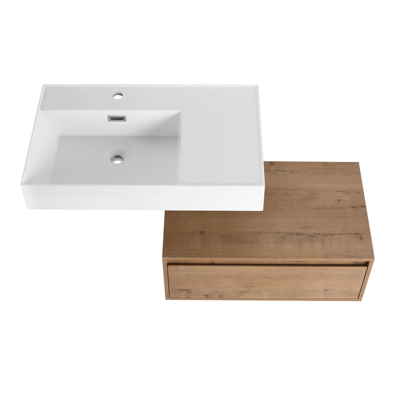Modern Wall Mounted Bathroom Vanity With Resin Sink And Side Cabinet, Soft Close Drawer, Imitative - Imitative Oak
