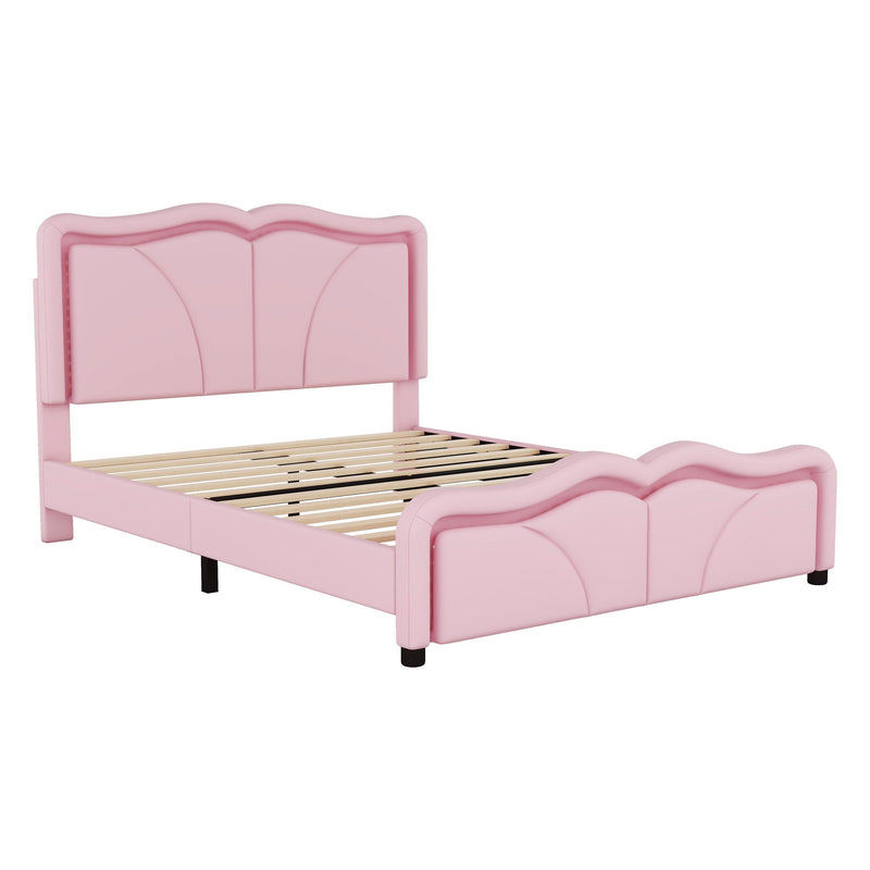 Upholstered Platform Bed & Curve Shaped And Height Adjustable Headboard, LED Light Strips