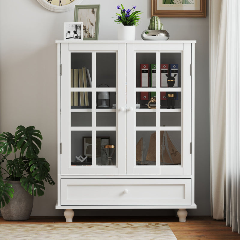Minimalist Buffet Cabinet With Double Glass Doors And Drawer