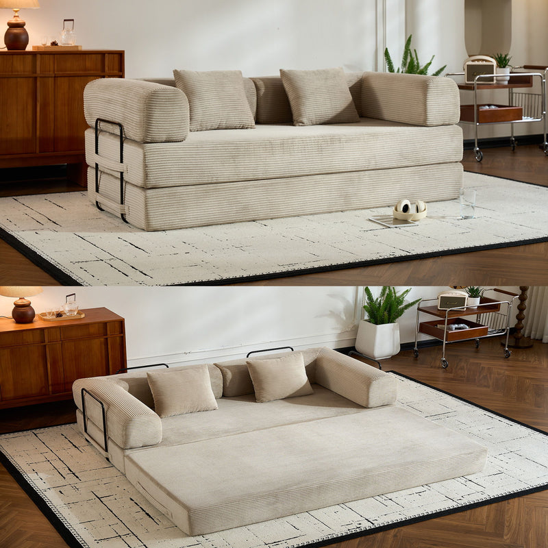 Convertible Sleeper Sofa Bed With Cylindrical Pillow, With Fixed Shape Frame