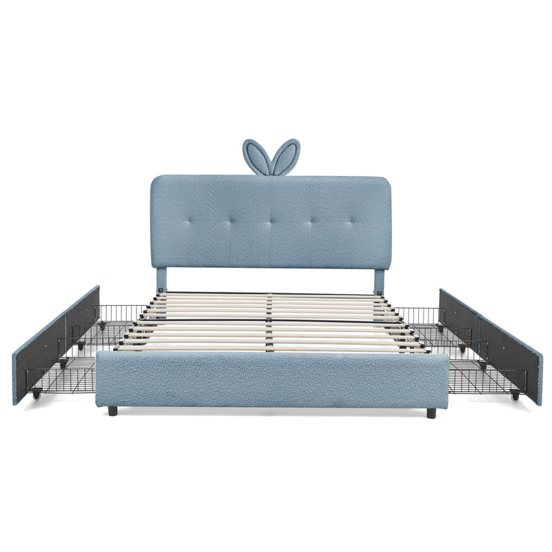 Upholstered Bed With Oversized Rabbit Ear Headboard, LED Lights & 4 Storage Drawers