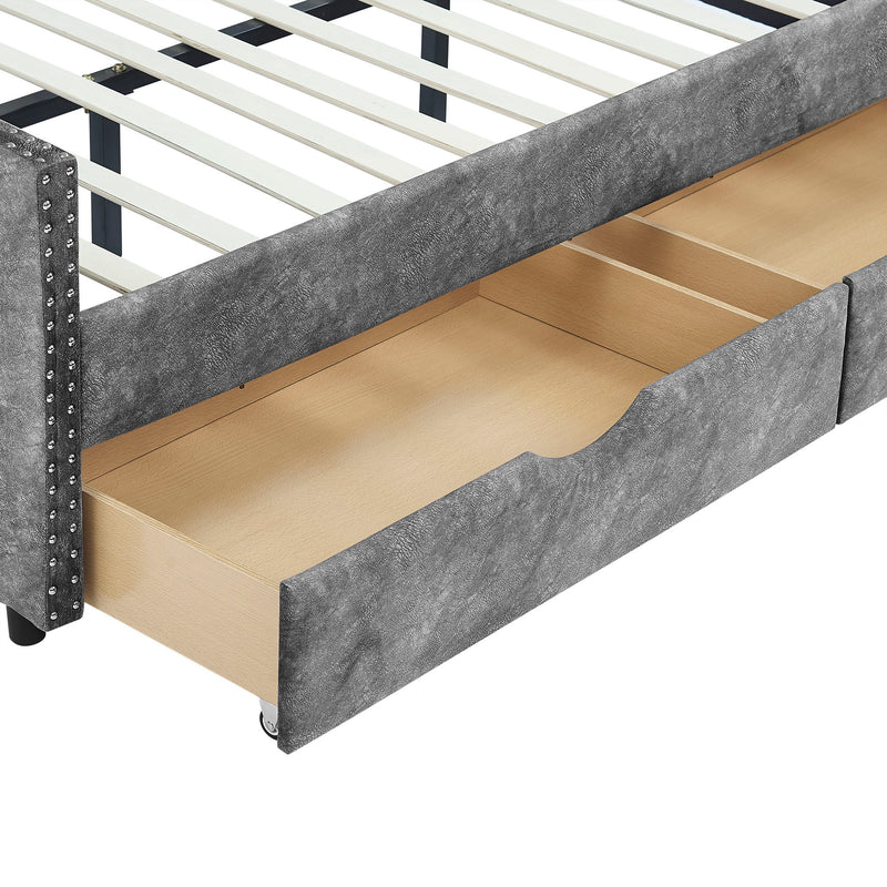 Upholstered Tufted Daybed With Drawers, Waved Arms