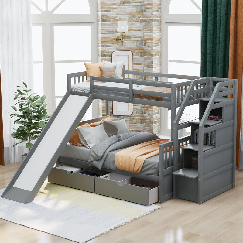 Bunk Bed With Storage Staircase, Slide, Desk, Drawers, And Shelves