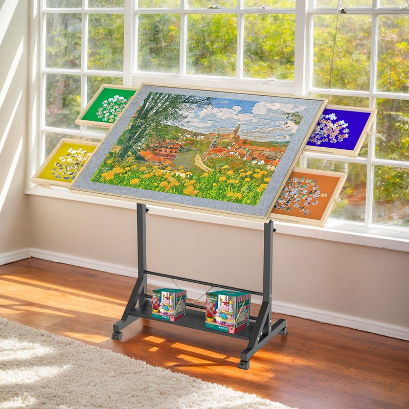 360 Degree Tilting Wooden Puzzle Table With 1500 Pieces, Rolling Design With Adjustable Height, Drawer, And Protective Cover - Black / Natural Wood