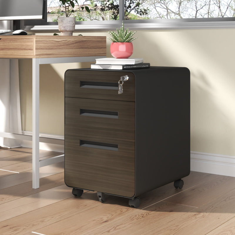 3-Drawer Mobile File Cabinet With Lock, On Casters, Holds A4/Letter Files