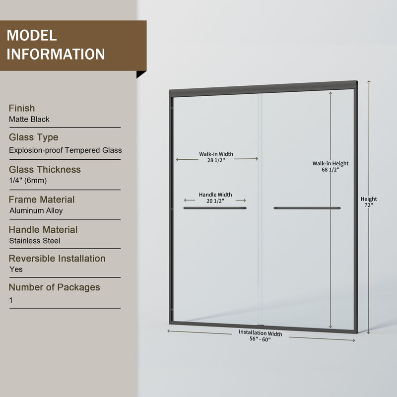 Double Sliding Shower Door, Semi-Frameless Bypass Bathroom Sliding Door With 1/4" (6 Mm) Tempered Glass For Walk-In Shower