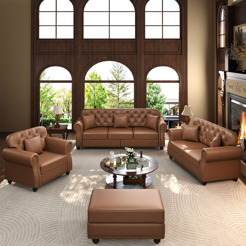 Upholstered Sofa With Nailhead Trim, Rolled Armrests With Ottoman