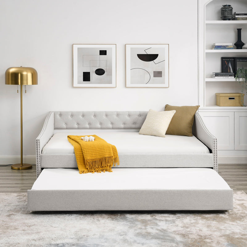 Upholstered Tufted Daybed With Drawers, Waved Arms