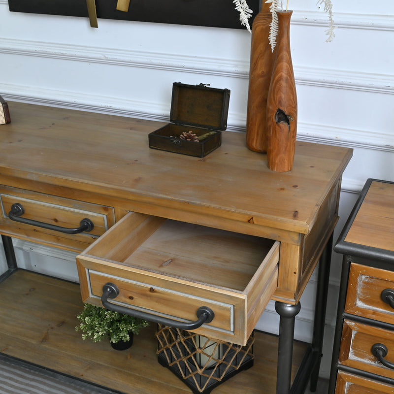 Accent Storage Console Table With Open Shelf And 3 Drawers For Living Room - Natural Wood / Brown