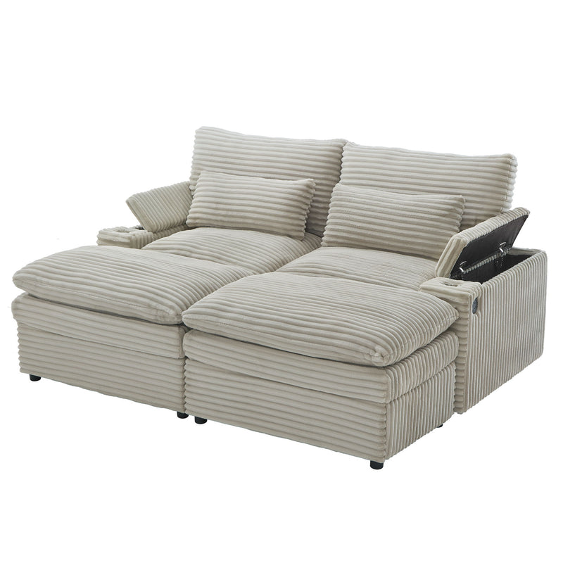 Convertible Loveseat Sofa With Storage, USB Ports, Cup Holders