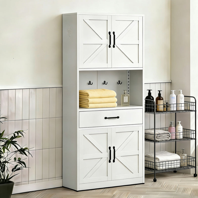Kitchen Pantry Cabinet With Adjustable Shelves, Drawers, Hooks And Large Countertop - White