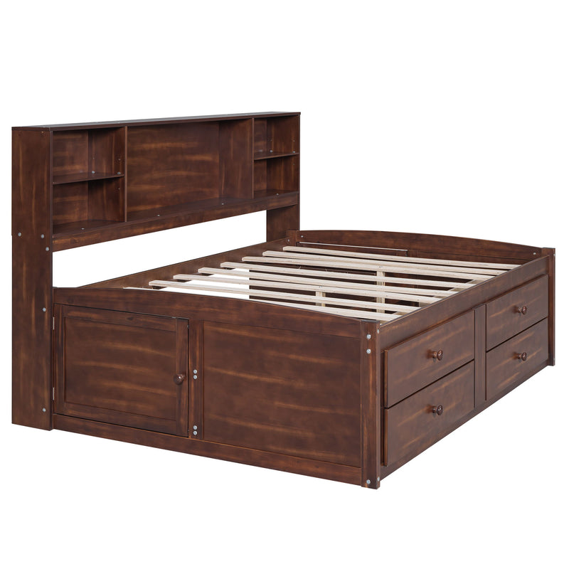 Full Size Captain Bed With Built In Storage Shelves, 4 Drawers And 2 Cabinets - Antique Brown
