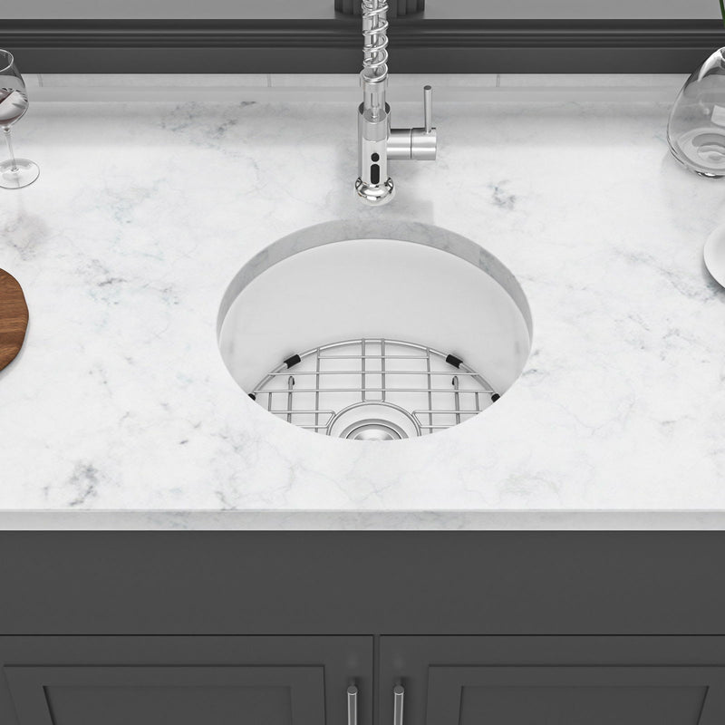 Ceramic Circular Kitchen Sink With Drain Assembly And Bottom Grid, 18" Dual Mount - White