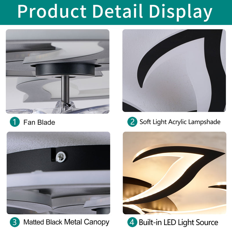 32" Flower Ceiling Fan With LED Dimmable Light, Low Profile Flush Mount Fan With Remote Control, 6 Speeds