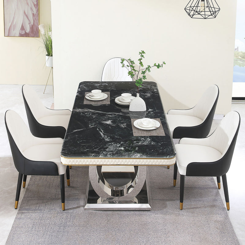 Luxury Modern Dining Table With Faux Marble Top And Dual Circle Base - Black