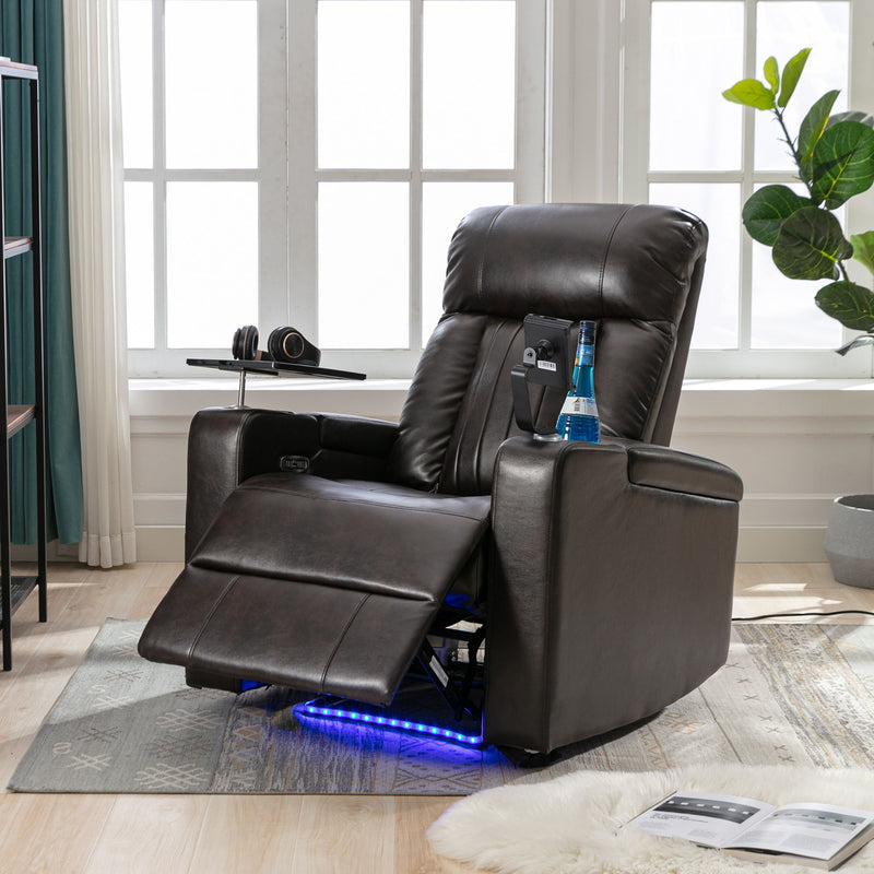 Power Recliner With Storage Arms, Cupholders, Swivel Tray Table And Cell Phone Stand - Brown