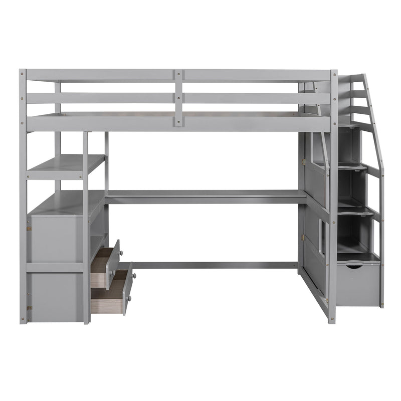 Loft Bed With Desk, Shelves, 2 Drawers, Storage Staircase
