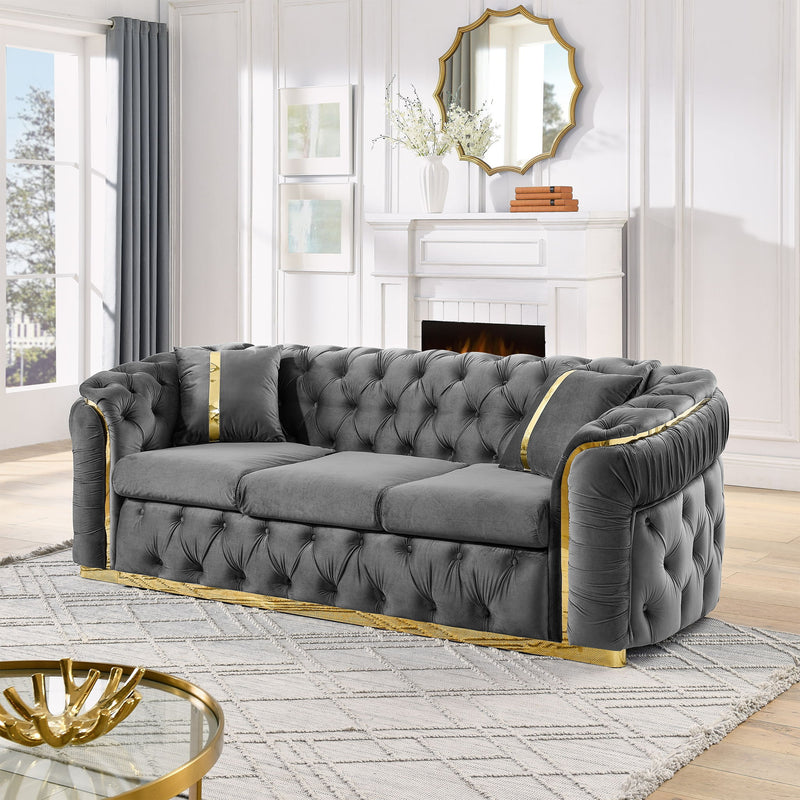 Button Tufted Couch With 2 Pillows, 3 Seater Luxury Chesterfield Sofa