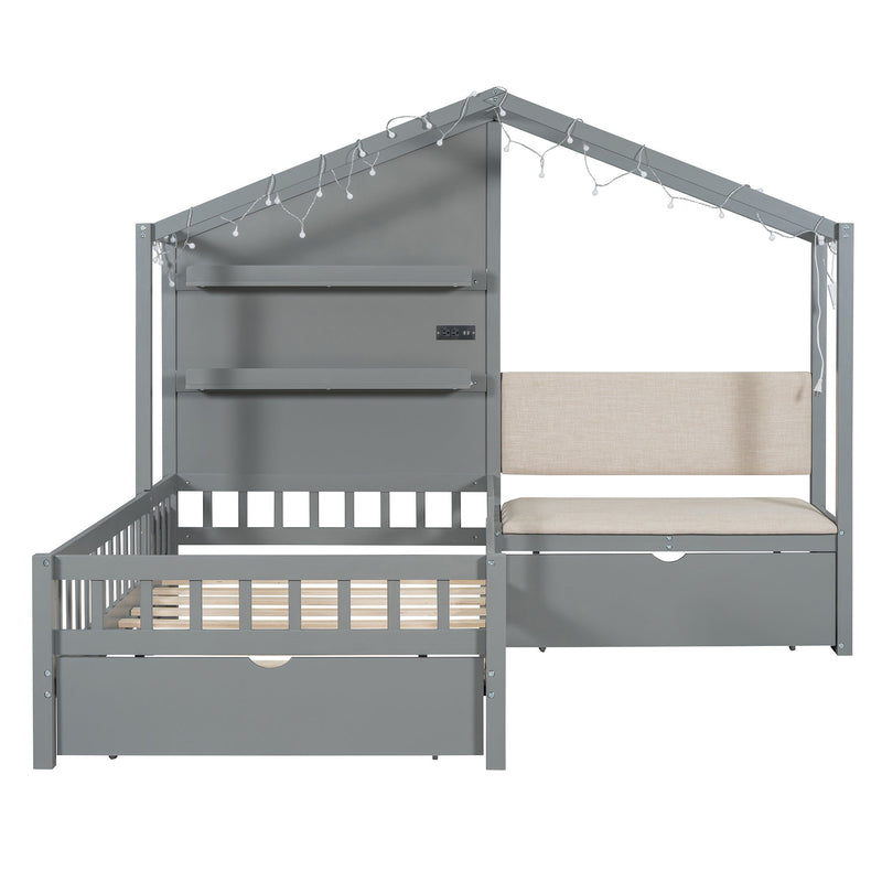 House Bed With Upholstered Sofa, Wireless Charging Station, Shelves And 2 Drawers