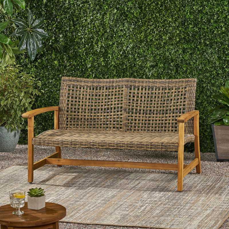 Outdoor Rattan Loveseat With Wooden Legs - Natural / Gray
