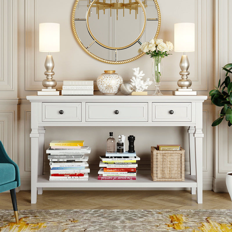Classic Retro Style Console Table With 3 Top Drawers And Open Style Bottom Shelf - Antique White