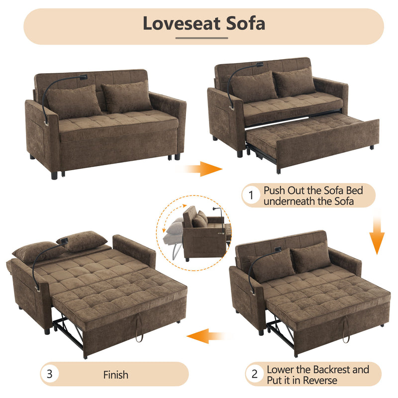 Pull-Out Sleeper Sofa With Reversible Backrest Cushion, Side Pockets, 2 USB Ports And A Phone Holder For Living Room