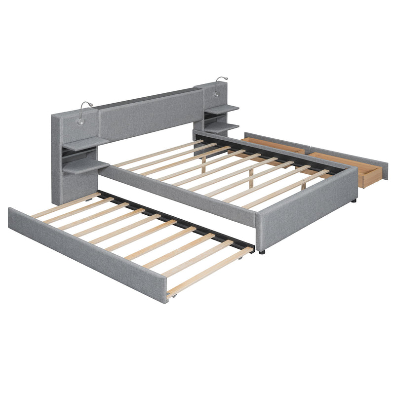 Upholstered Platform Bed With Reading Lights, Drawers, Trundle And Shelves