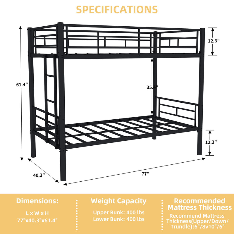 Metal Bunk Bed For Kids, Convertible Bedframe With Ladders & Guardrail