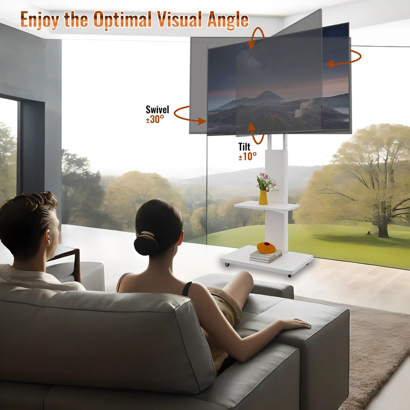 Mobile TV Stand With Shelf Floor Mount Cart For TVs With Lockable Wheels Ideal For Living Room Bedroom Or Office - White