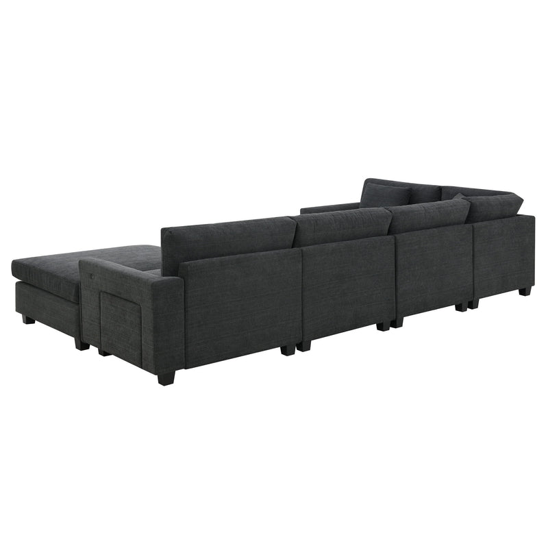 U Shaped Sectional Sofa 6 Seat Couch Set With Oversized Ottoman, Hidden Armrest Storage And Cup Holders USB Charging Ports Wide Seat Sofa
