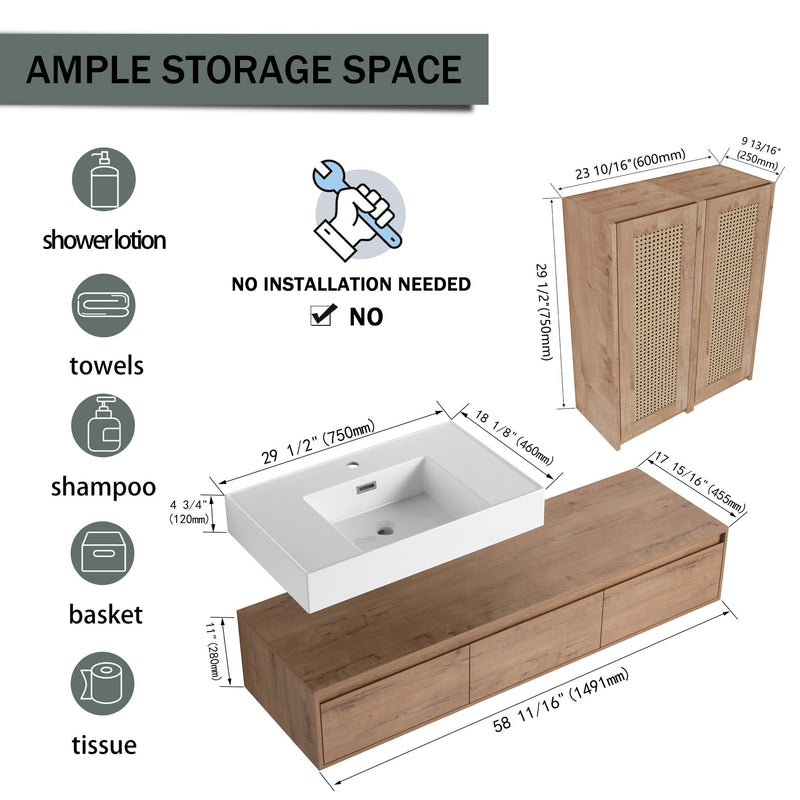 Modern Wall Mounted Bathroom Vanity With Resin Sink And 2 Side Cabinet, Construction - Imitative Oak
