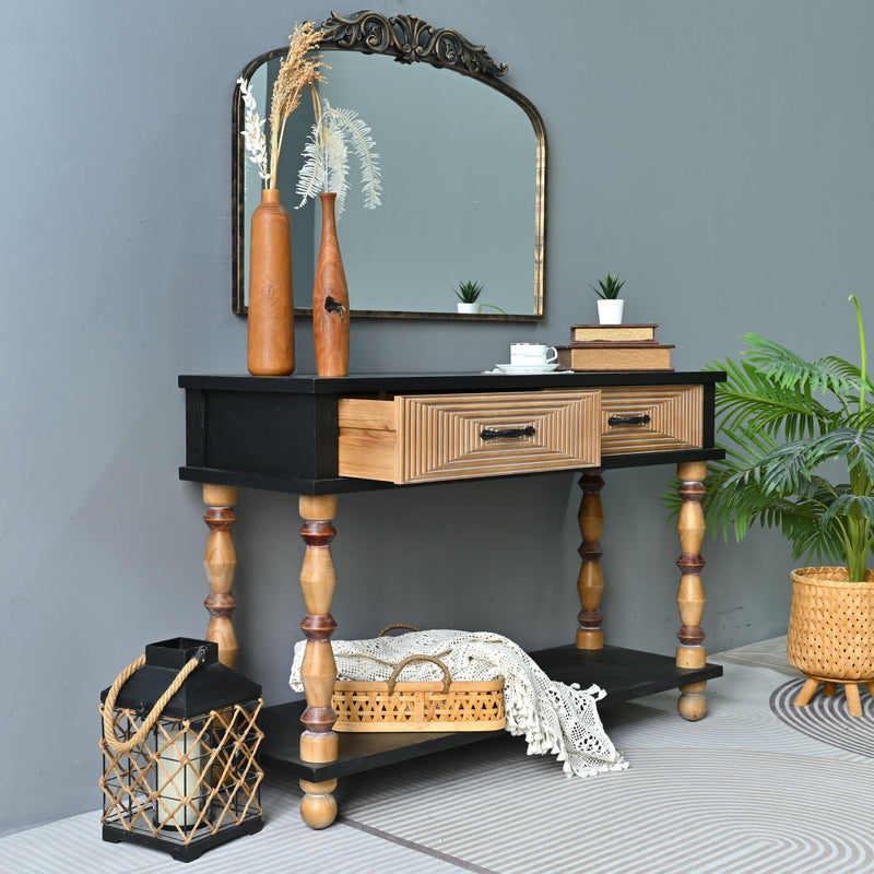 Accent Carved Console Table With Open Shelf And 2 Drawers Living Room - Black / Natural Wood Wash