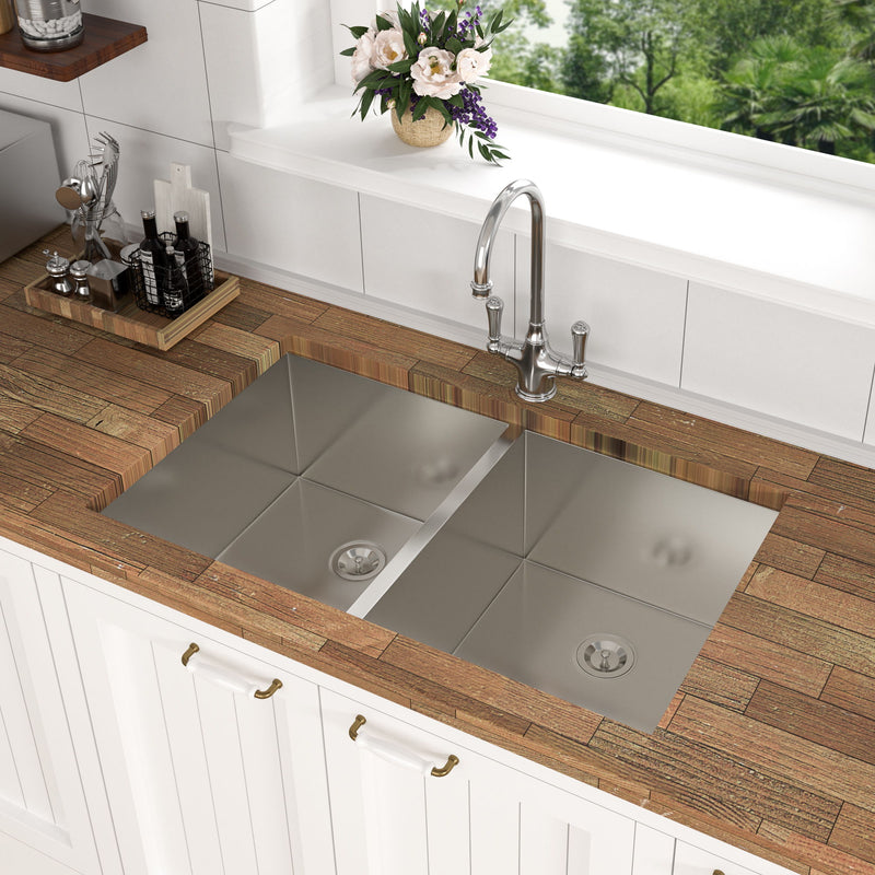 Undermount Double Bowl Kitchen Sink 16 Gauge With 9" Deep Basin - Brushed Nickel
