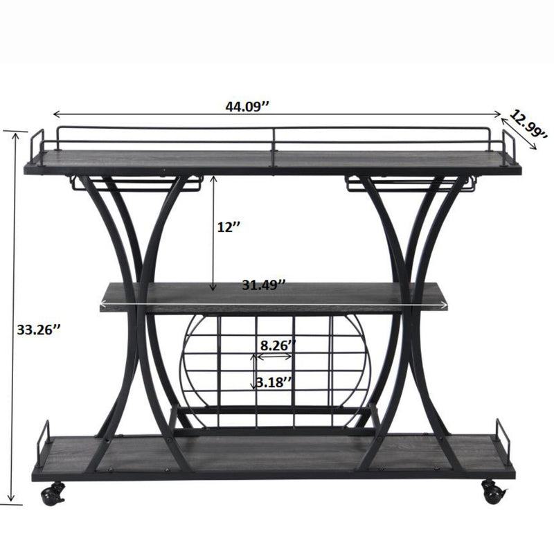 Industrial Bar Cart Kitchen Bar & Serving Cart For Home With Wheels 3 Tier Storage Shelves - Black / Gray