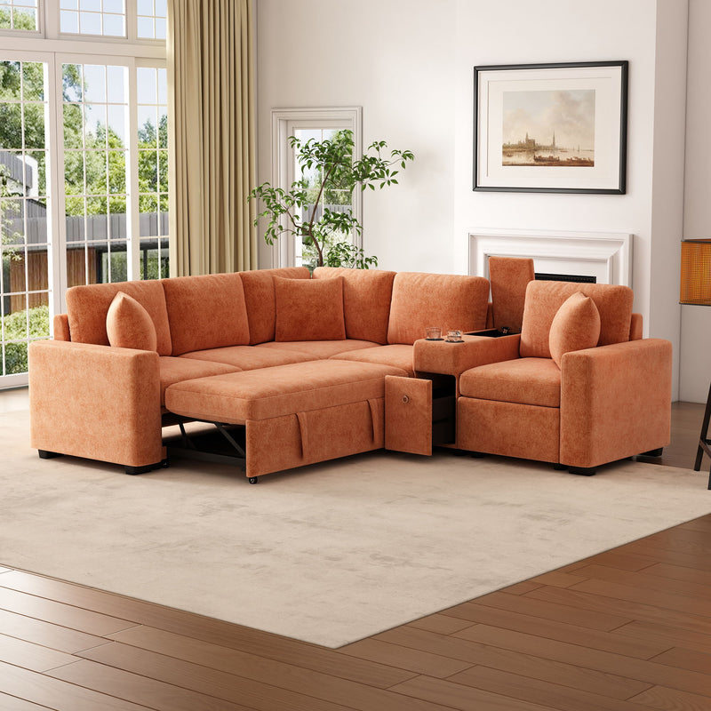 Modular L-Shaped Sectional Sofa Bed With Pull-Out Sleeper, Cup Holders, And Storage