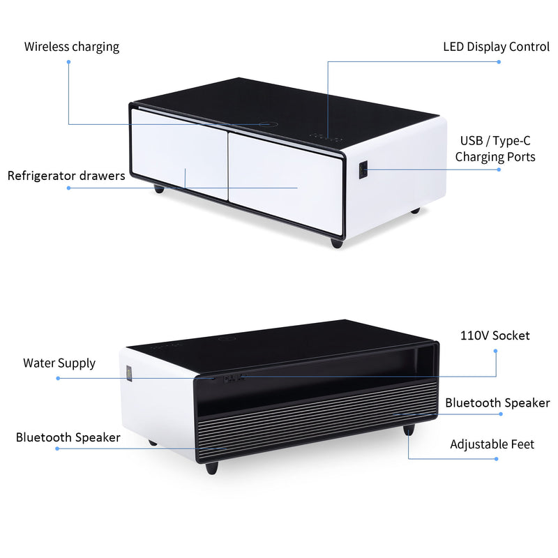 Modern Smart Coffee Table With Built-In Fridge, tooth Speaker, Wireless Charging Module, Touch Control Panel, Power Socket, USB Interface, Outlet Protection, Atmosphere Light
