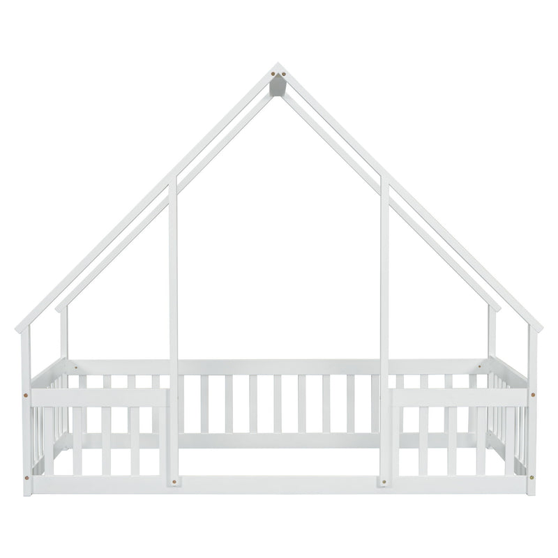 Wood House-Shaped Floor Bed With Fence, Guardrails