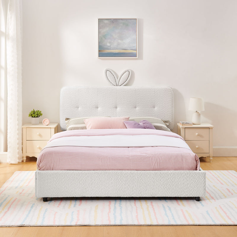 Upholstered Bed With Oversized Rabbit Ear Headboard, LED Lights & 4 Storage Drawers