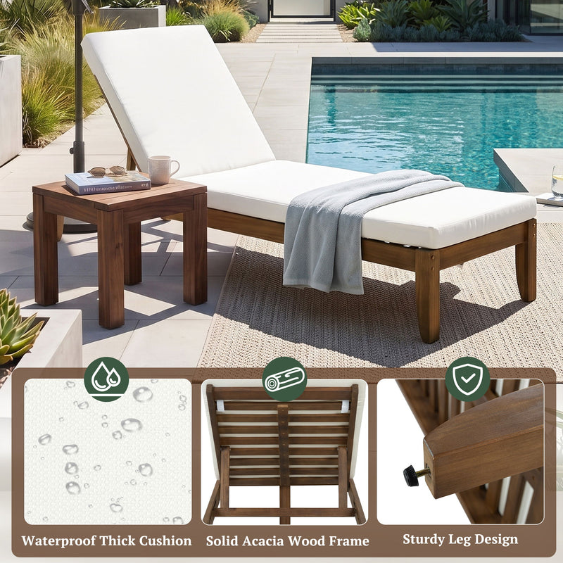 Adjustable Outdoor Patio Lounge Chair Chaise Lounge - Beige / Walnut