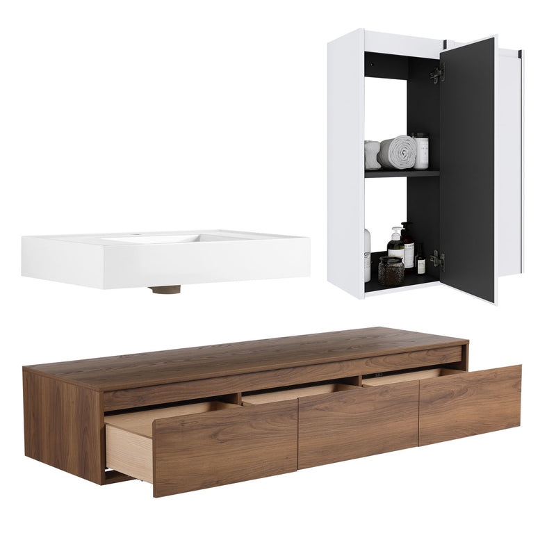 Wall Mounted Bathroom Vanity With Resin Sink And 2 Side Cabinet, 3 Soft Close Drawer - Brown Ebony