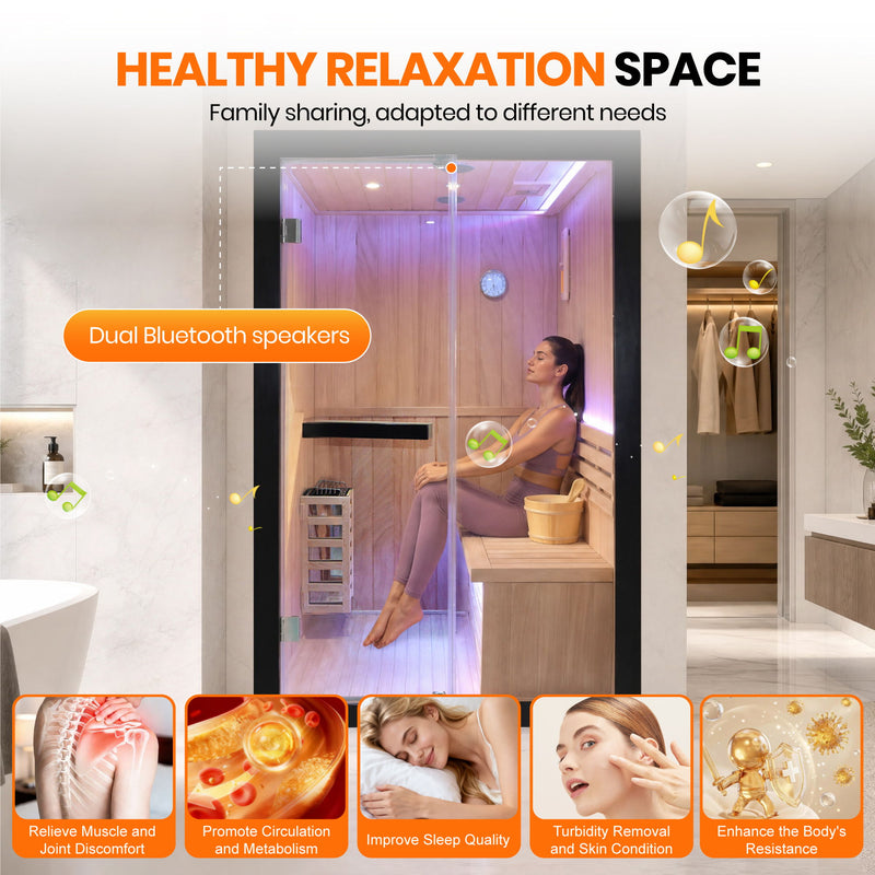 Double Indoor Stove Sauna Room With LED Lighting - Almond