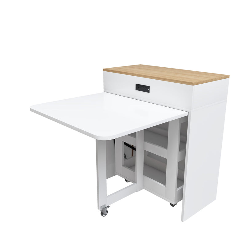 Extendable Dining Table With Power Socket, Lockable Casters, Storage Cabinet