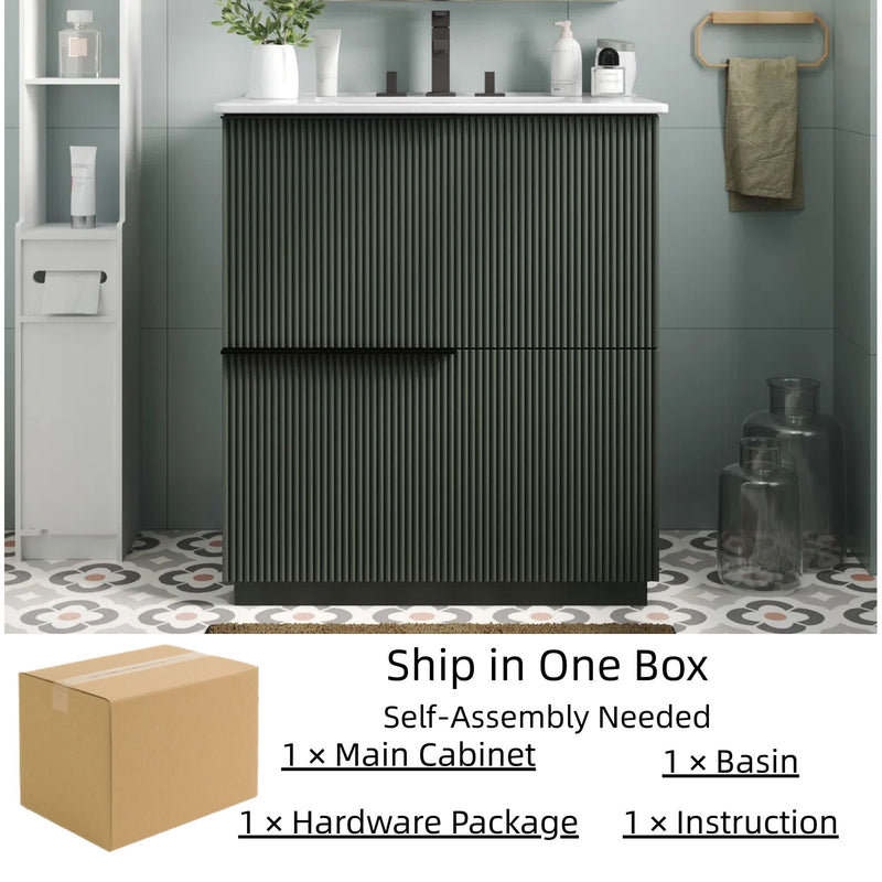 Fluted Bathroom Vanity With Ceramic Sink, Soft Close Slides