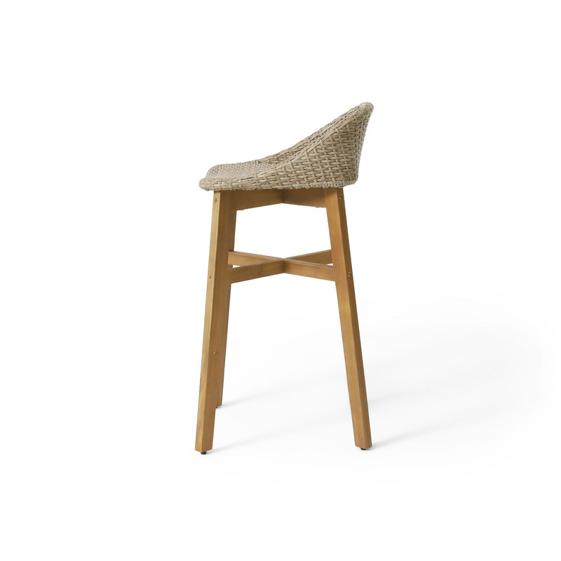 Beeson - Outdoor Wicker And Acacia Wood Barstools Set, Water Resistant - Brown
