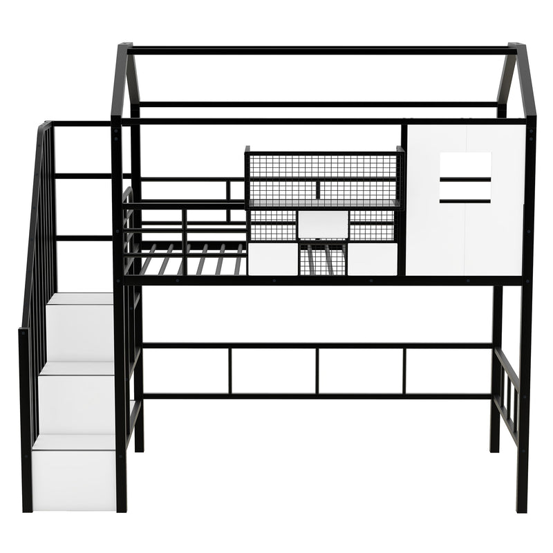 Metal Loft Bed With Roof Design And Storage Box With Guardrails And Integrated Ladder
