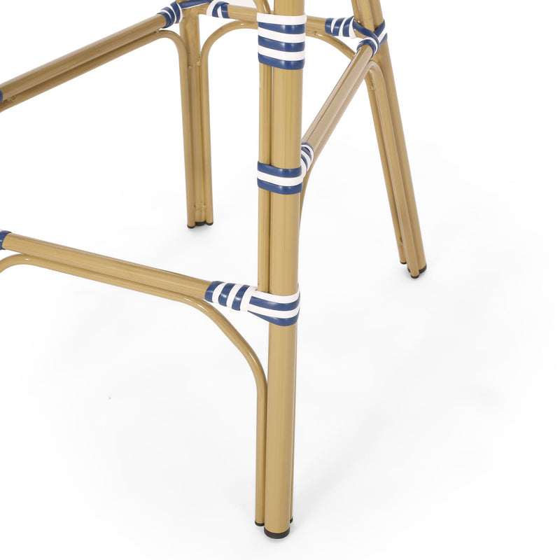Outdoor Rattan French Barstool Set,, Bamboo, Seat Height - Navy Blue / White