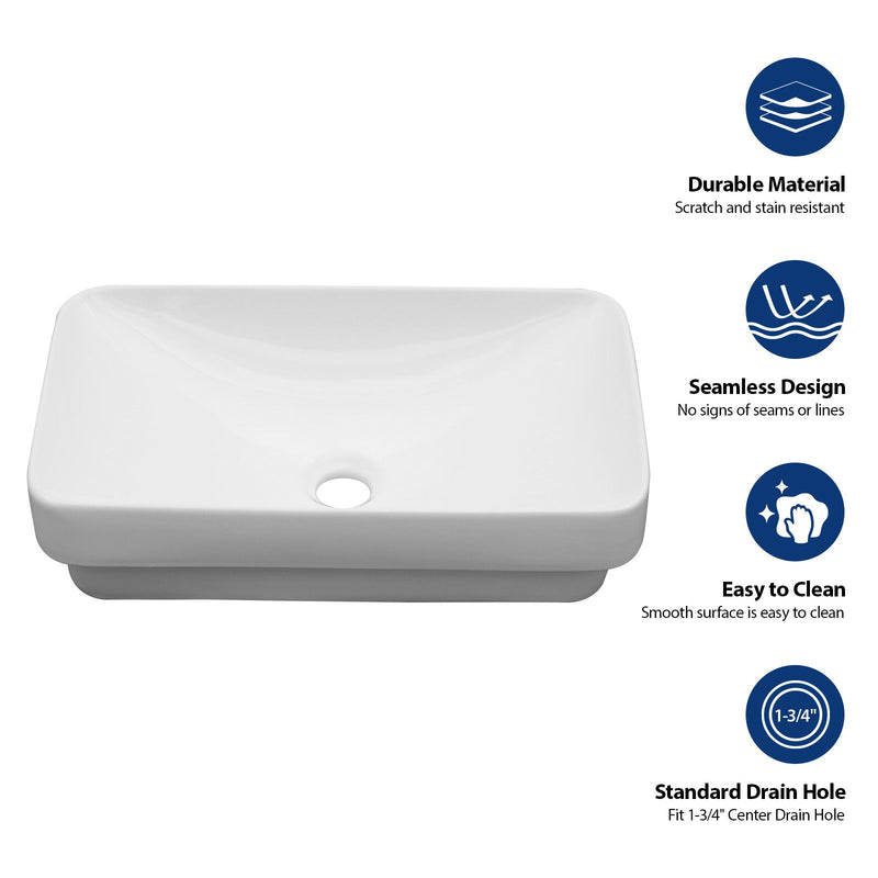 Semi Recessed Bathroom Sink With Countertop Vessel Design, 19" X 12" - White