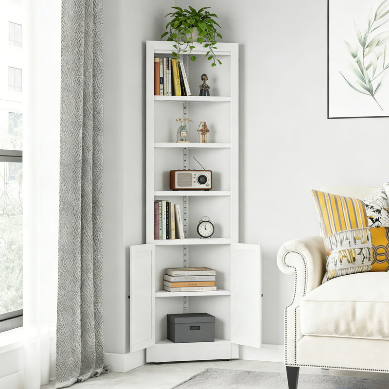 Tall Corner Storage Cabinet With 2 Doors, 5-Tier With Adjustable Shelve, Freestanding - White