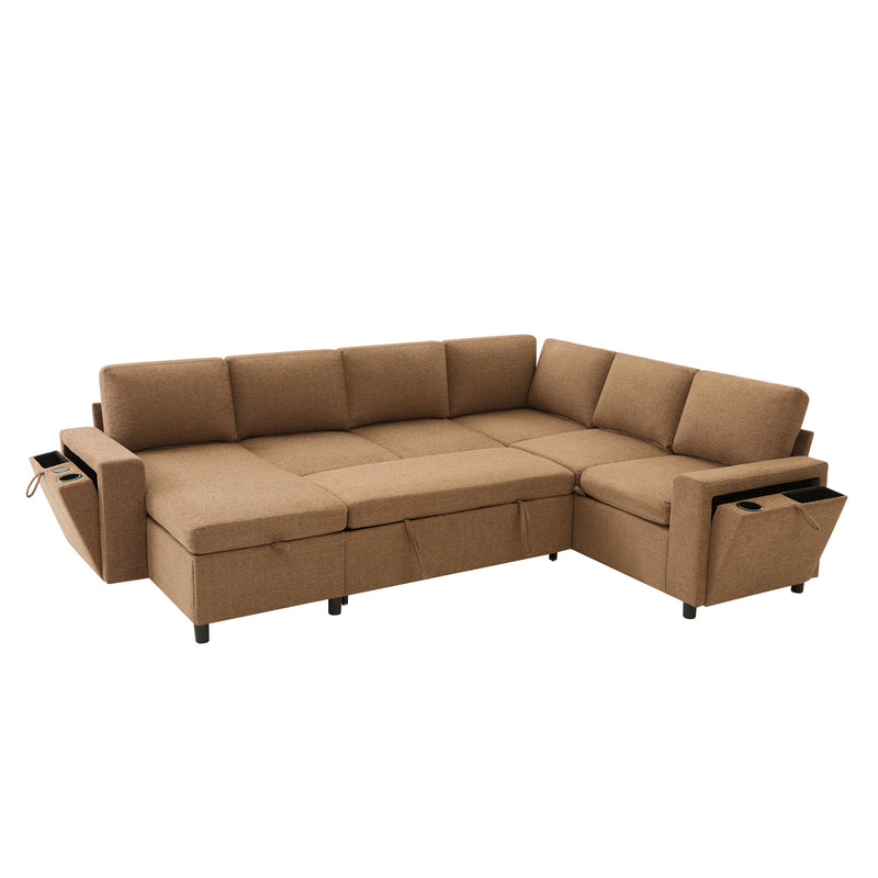 U - Shaped Convertible Sectional Sofa Bed With Storage, USB Charger & Cup Holders
